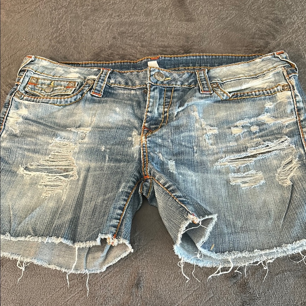 True Religion Light Blue Distressed Jean Shorts